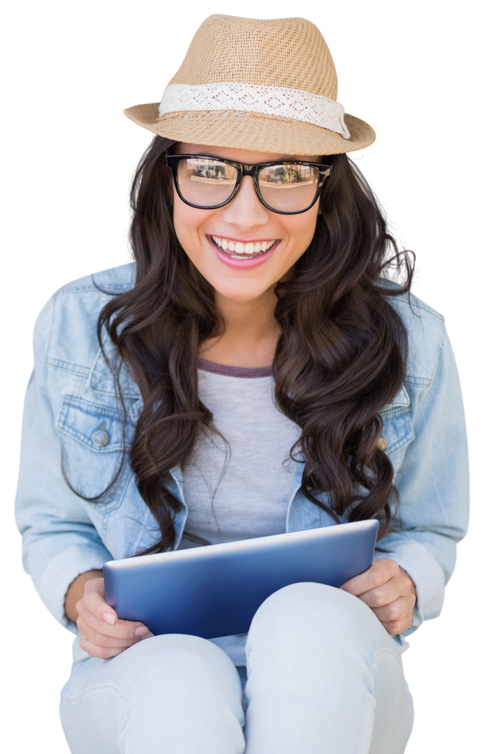 Cheerful Woman with Hat and Glasses Using Tablet – Transparent Background - Download Free Stock Images Pikwizard.com