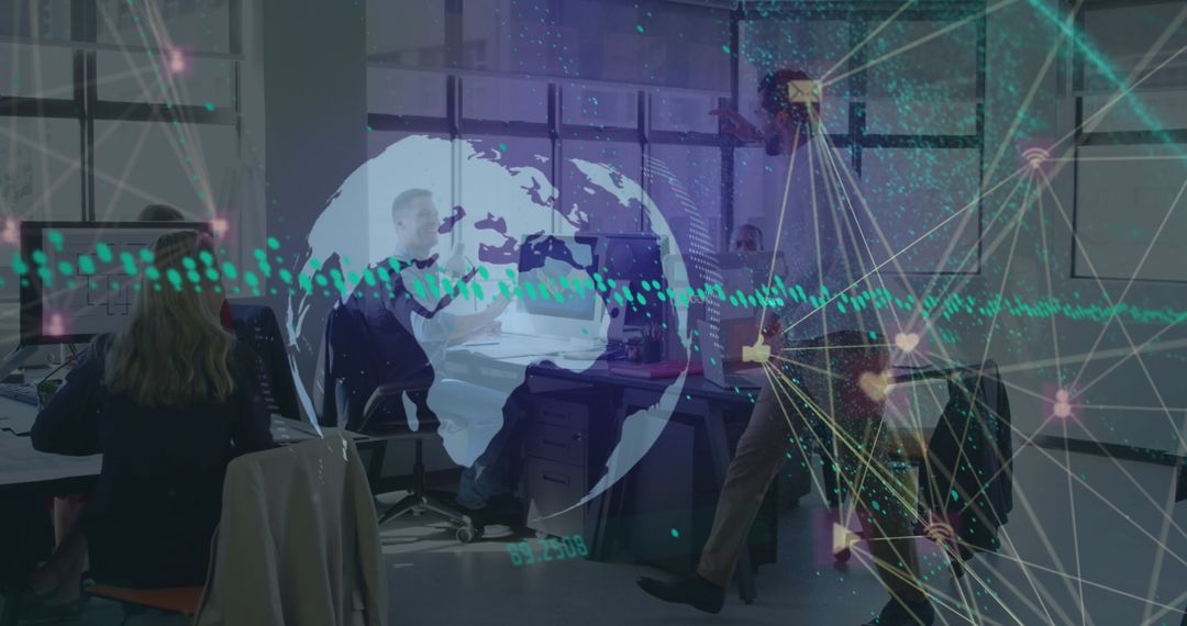 Team Collaborating with Digital Globalization Overlay in Office