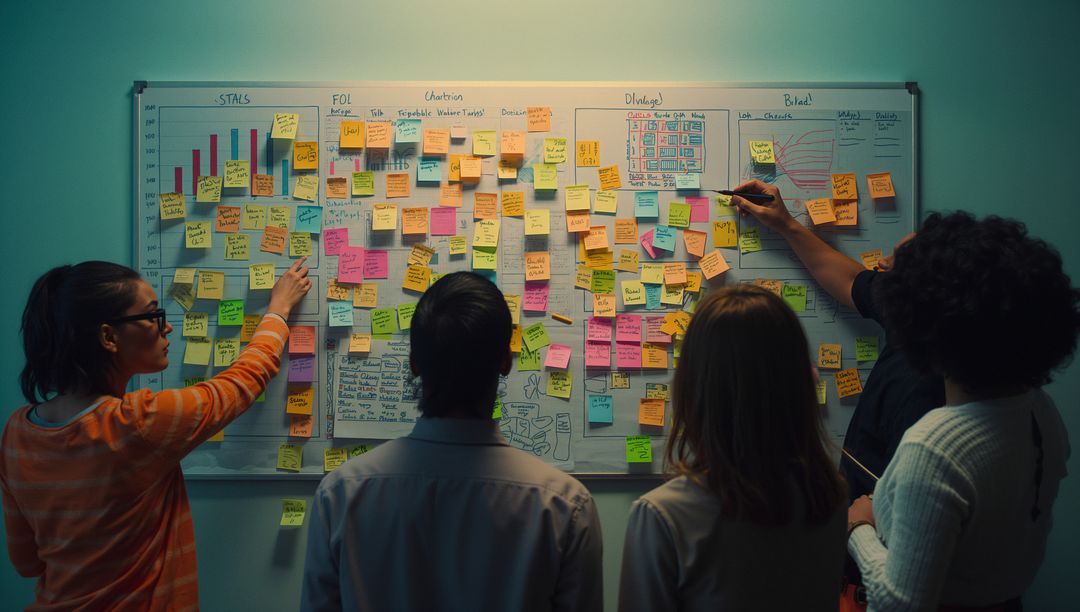 Diverse Team Brainstorming Strategy With Sticky Notes on Office Whiteboard
