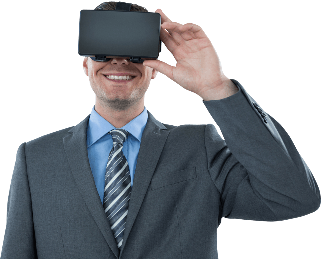 Transparent Background Businessman Using VR Headset Smiling