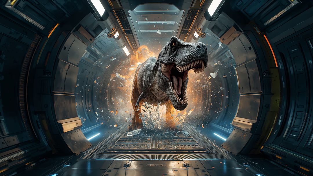 Tyrannosaurus Rex Emerging in Futuristic Spaceship Corridor