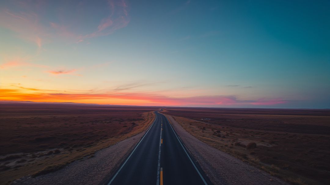 Stretching Two-Lane Highway Leading to Distant Horizon at Colorful Sunset