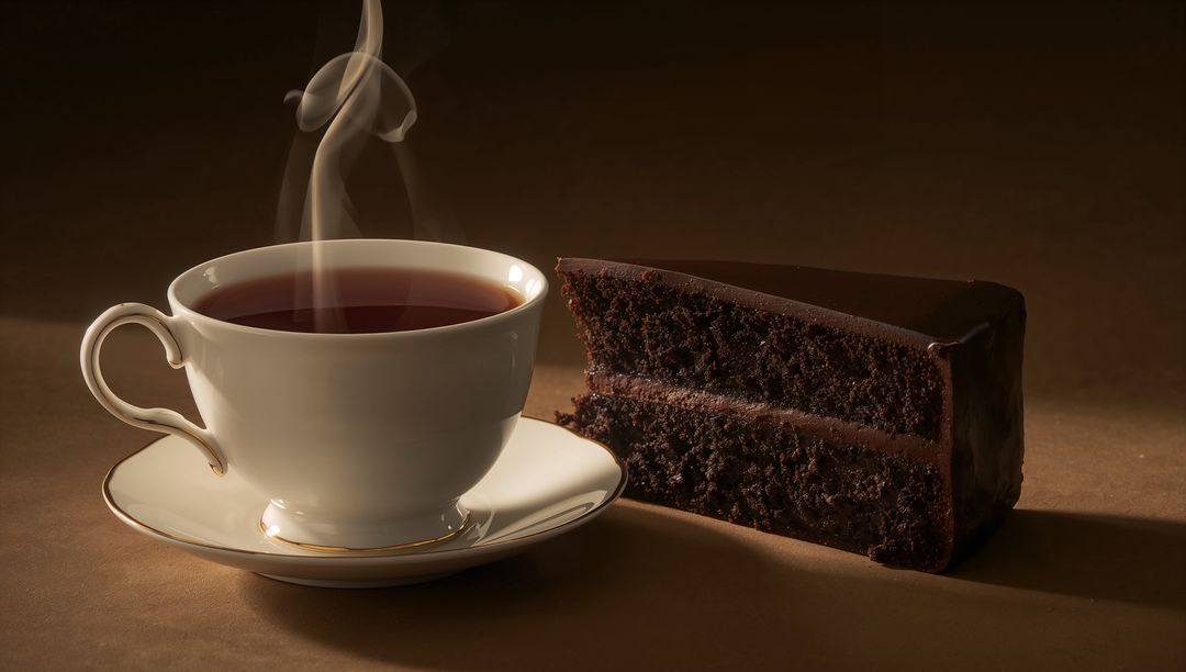 Steaming porcelain teacup with rich chocolate cake slice on warm brown backdrop in soft light