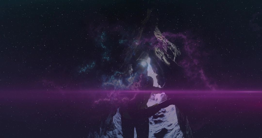 Silhouetted Explorer Observing Cosmic Cave and Neon Nebula