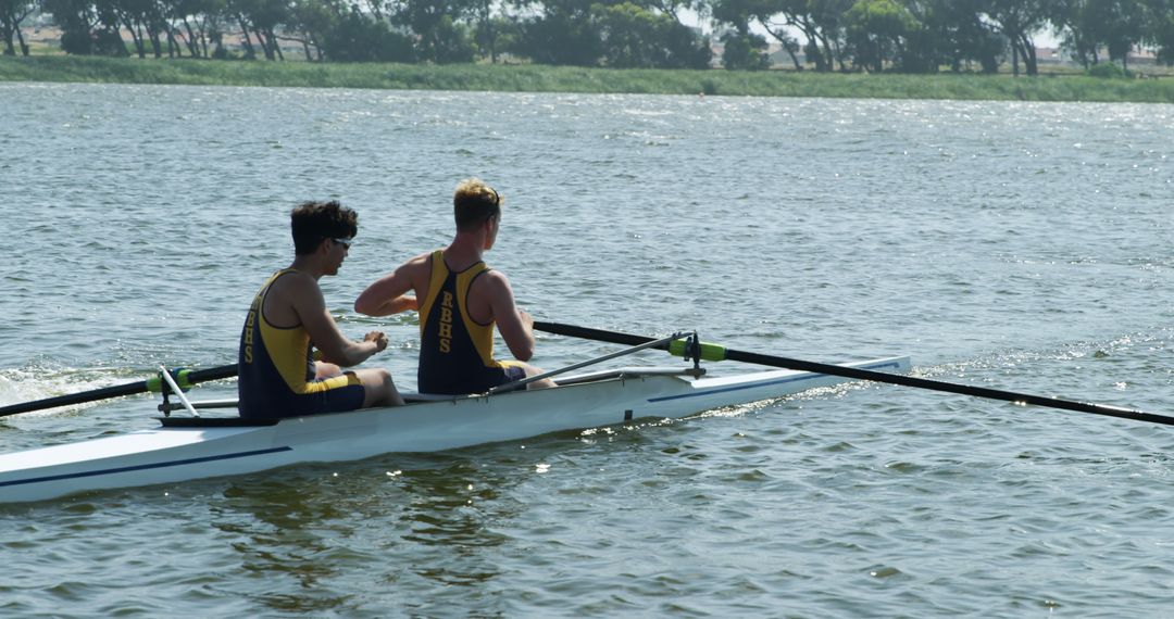 Two Young Men Team Rowing on Sunny Outdoor Waterfront - Free Images, Stock Photos and Pictures on Pikwizard.com