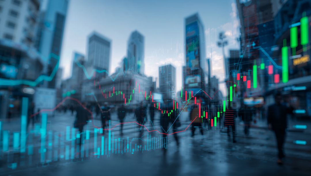 Business Metropolis with Overlaid Stock Market Data Visualization