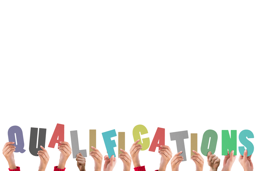 Hands Holding Qualifications Text on Transparent Background