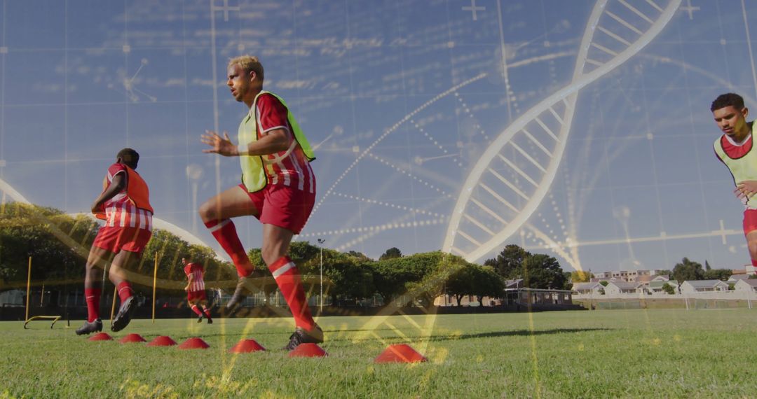 Soccer Training with DNA Helix Overlay Illustrating Genetics in Sports
