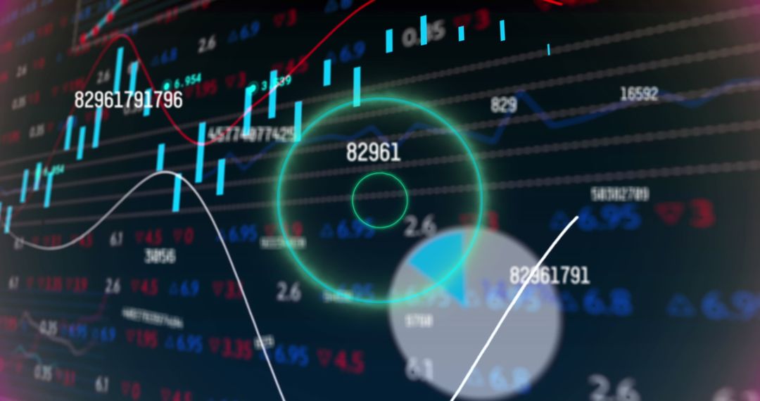 Neon Circular Shapes Over Stock Market Data Visualization