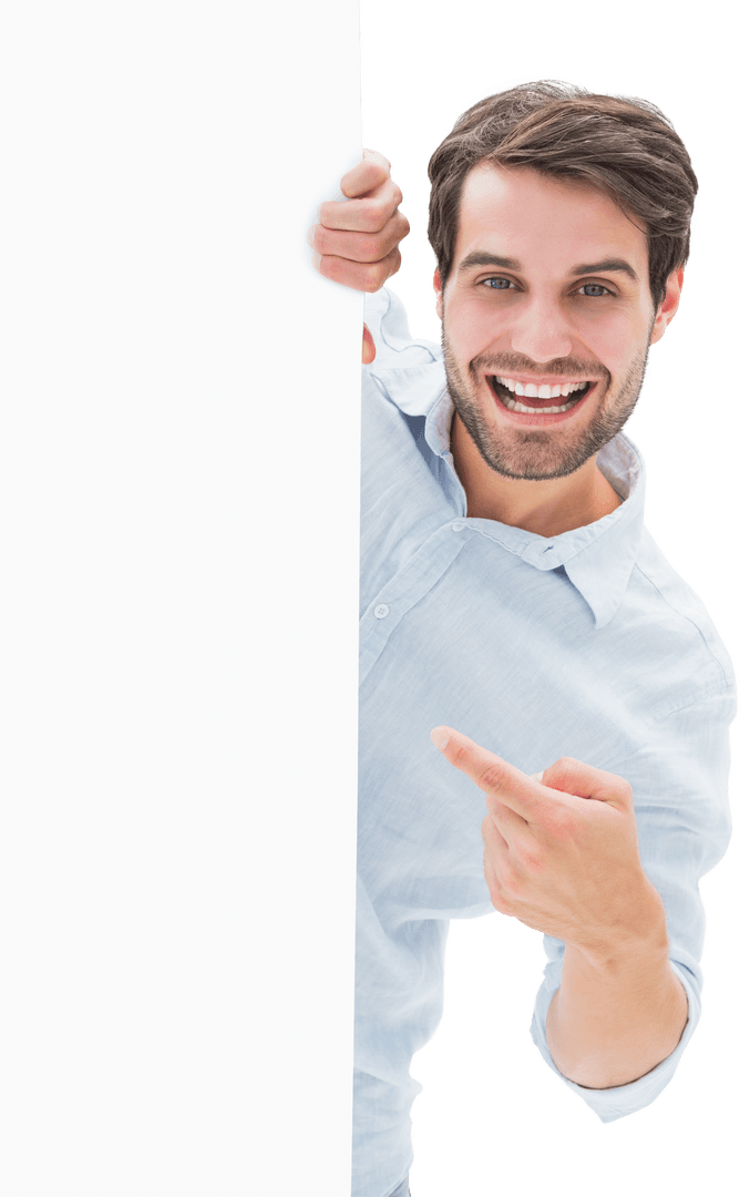 Smiling Young Man Holding Blank Poster Isolated