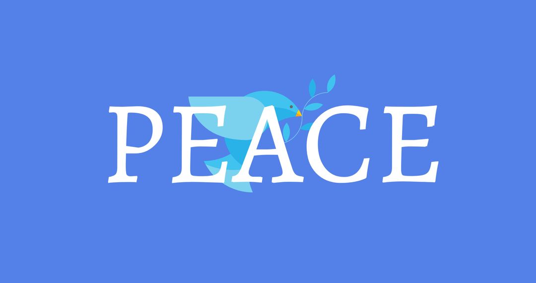 Illustration of peace text with bird carrying twig on blue background, copy space - Free Images, Stock Photos and Pictures on Pikwizard.com