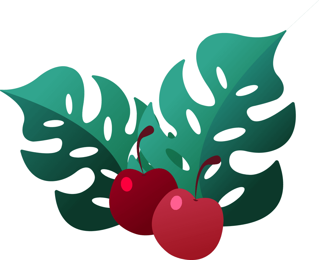 Cherry Wonderland With Monstera Leaves on Transparent Background