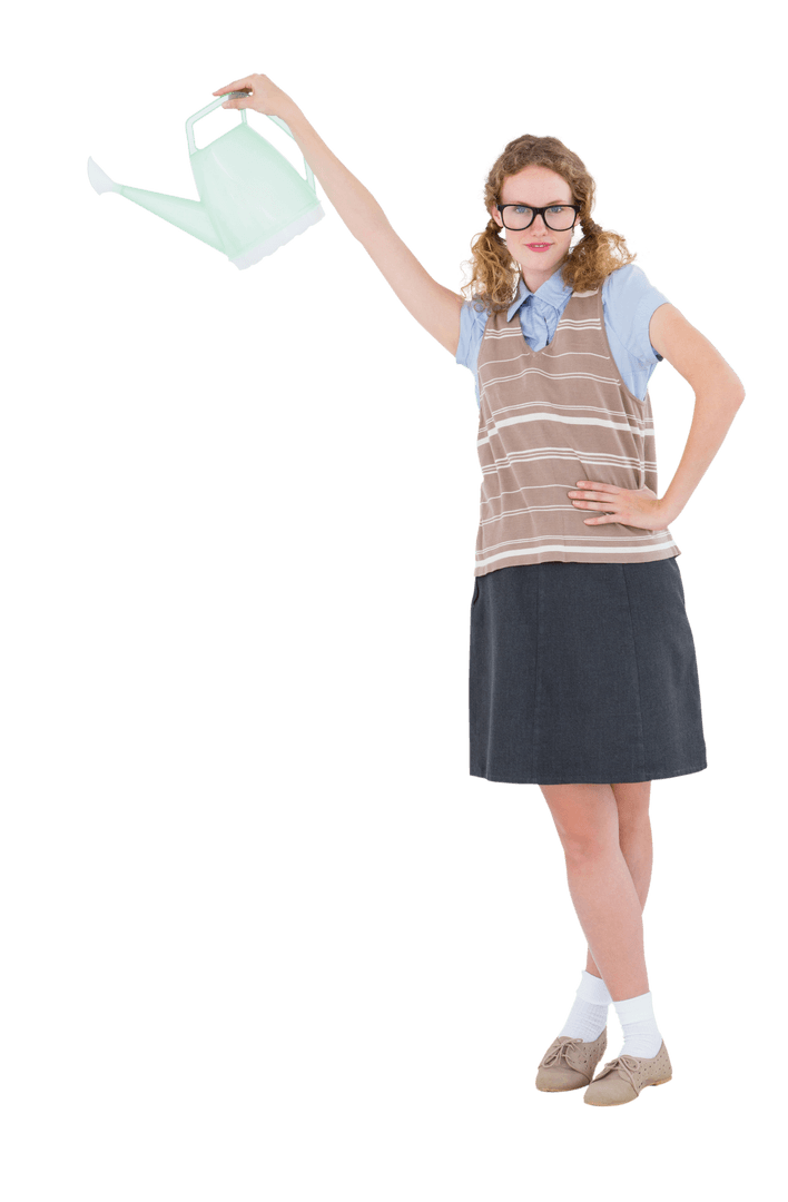 Transparent Hipster Woman Holding Watering Can with Attitude
