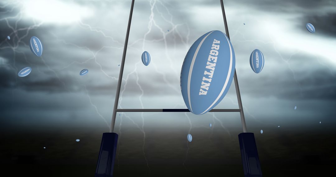 Blue Rugby Balls and Goal Posts in Stormy Stadium - Free Images, Stock Photos and Pictures on Pikwizard.com