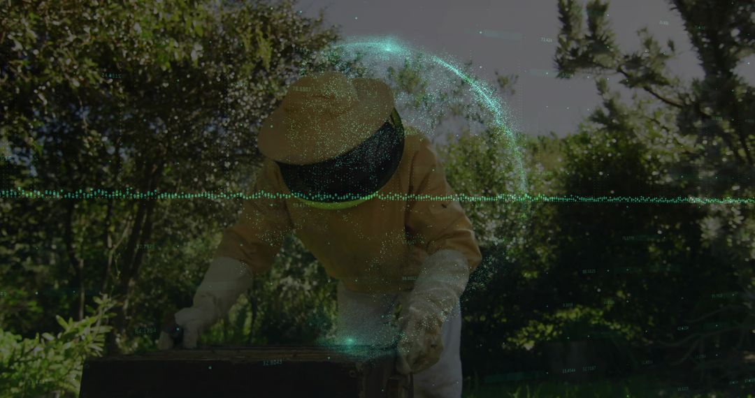 Beekeeper Tending Beehive with Digital Overlay in Lush Garden
