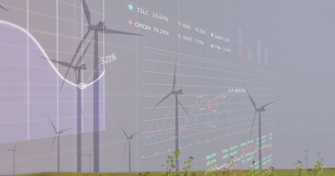 Stock Market Data Overlay on Wind Turbines in Field - Free Images, Stock Photos and Pictures on Pikwizard.com