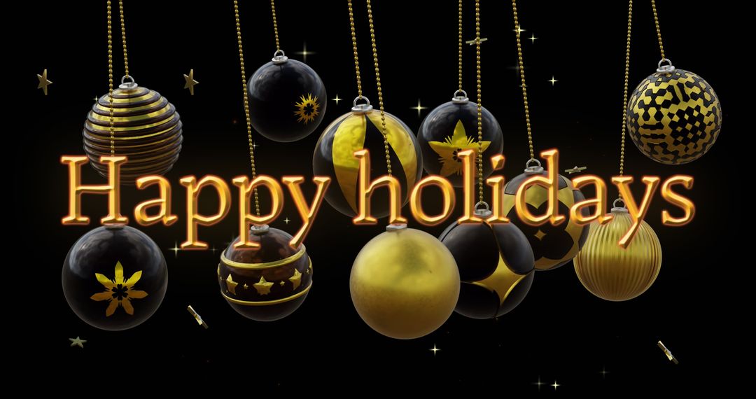 Happy Holidays Text with Black and Gold Christmas Ornaments on Black Background