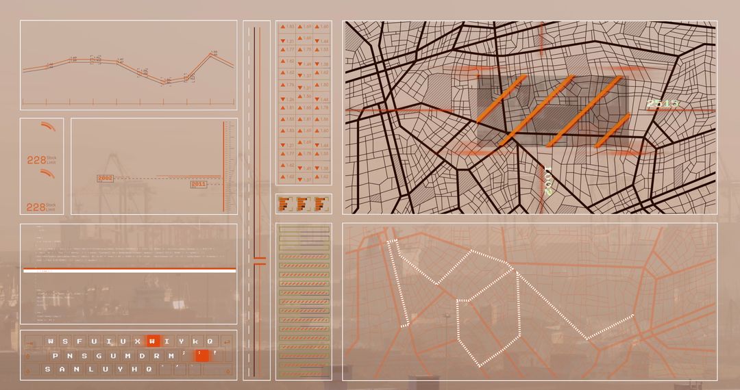 Futuristic Digital Interface with Graphs and Cityscape
