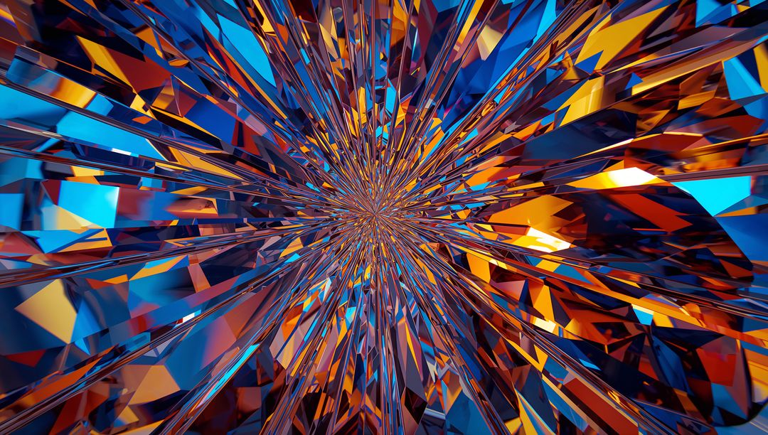 Radiating Crystalline Tunnel Blue Orange Prismatic Shards Abstract 3D Kaleidoscope