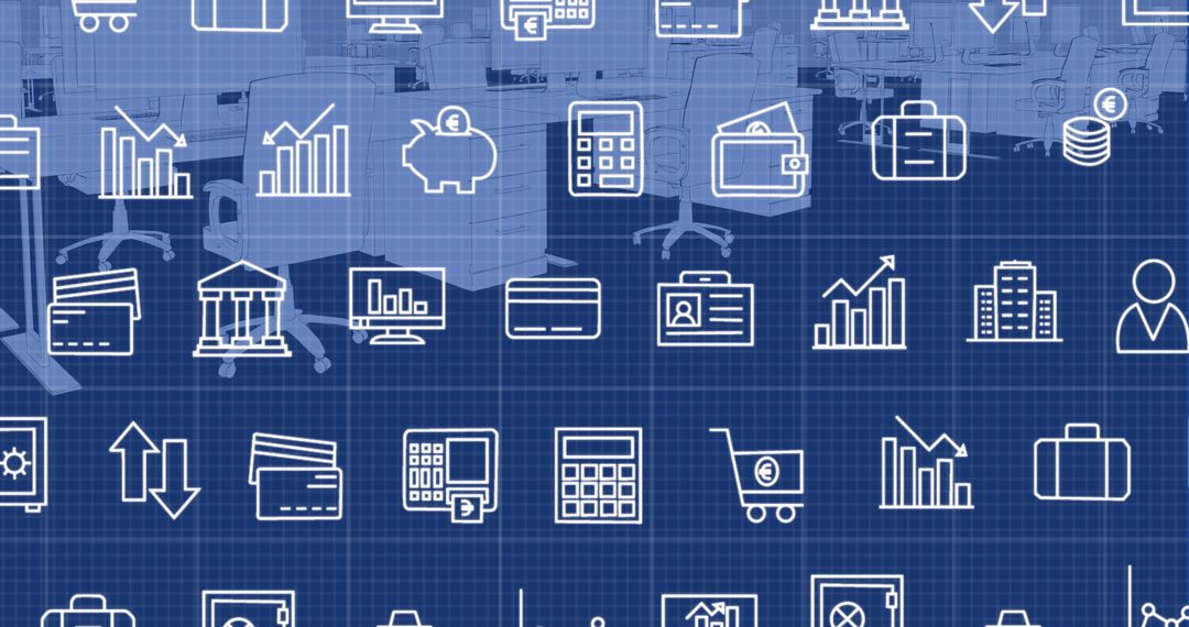 Business Icons Interface Over Virtual Office Background