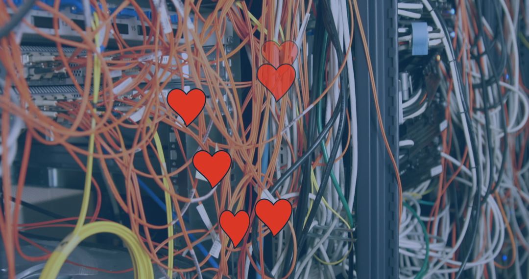 Chaos of Network Cables in Server Room with Heart Icons