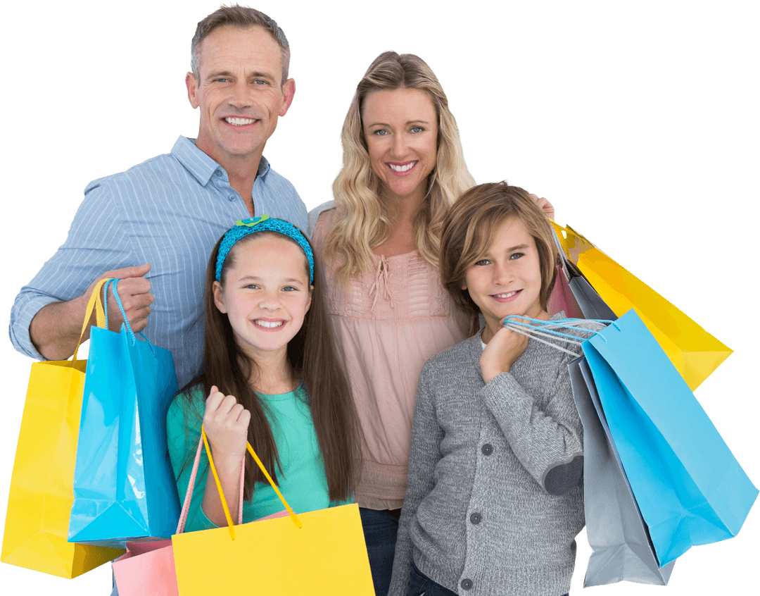 Smiling Family with Transparent Shopping Bags Celebrating Together