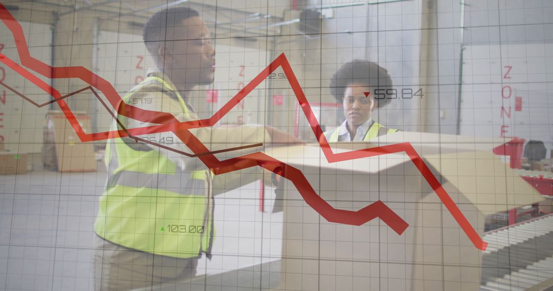 Dynamic Warehouse Scene Merging Workers and Financial Charts