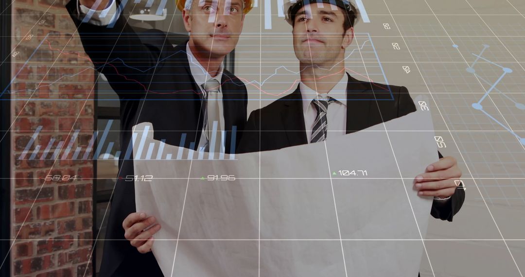 Architects Analyzing Blueprint with Data Overlay