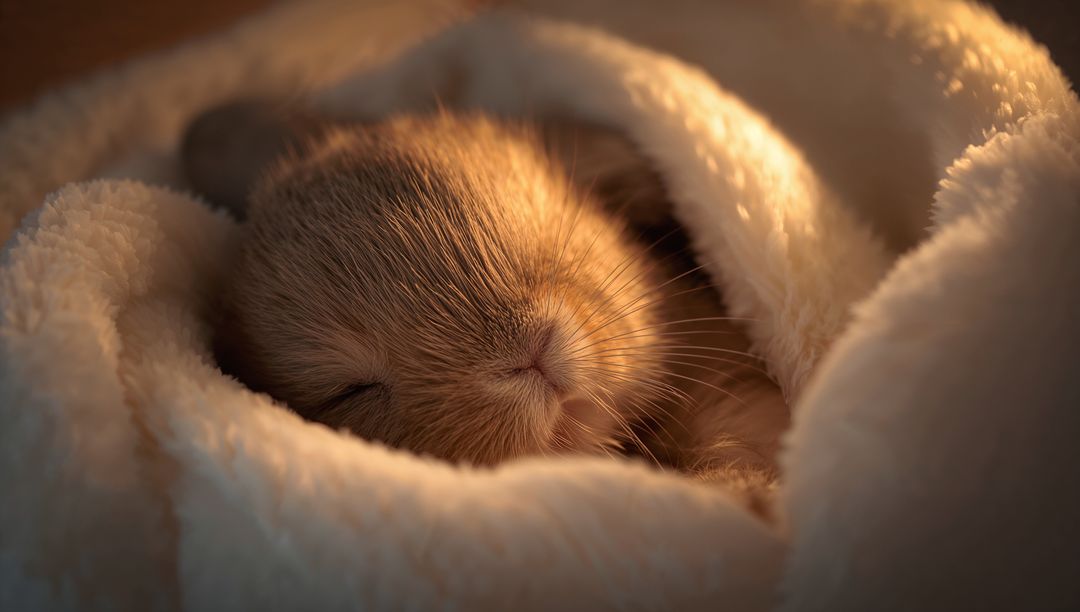 Sleeping Baby Rabbit Nestling in Warm Cream Blanket with Soft Fur and Golden Glow
