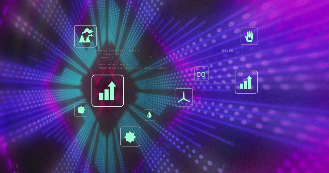 Ecology Icons Floating in Vibrant Digital Tunnel