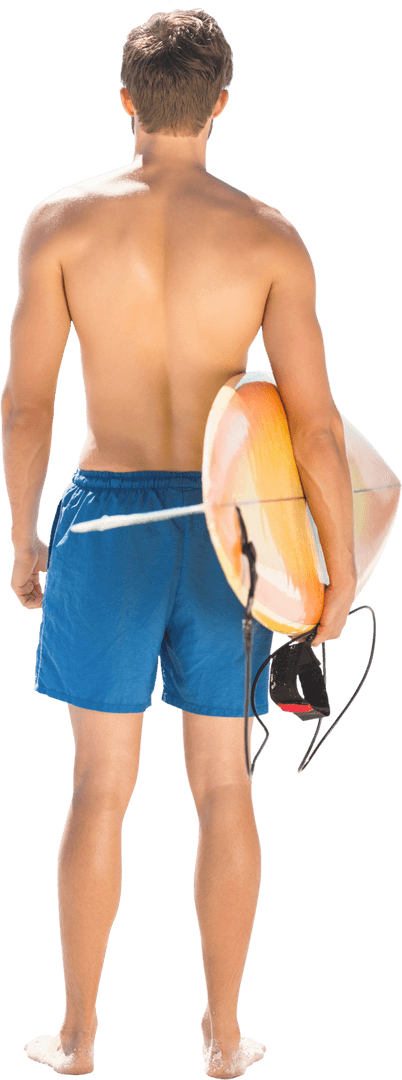 Caucasian Man Holding Surfboard on Transparent Background
