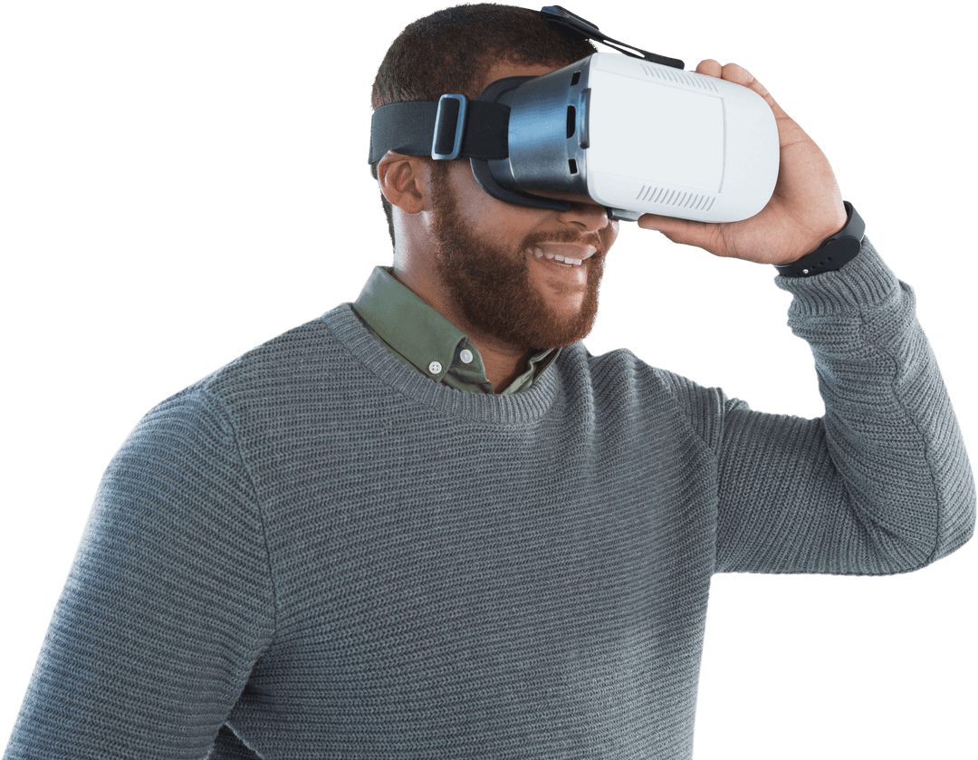 Businessman Exploring Virtual Reality with Headset on Isolated Background