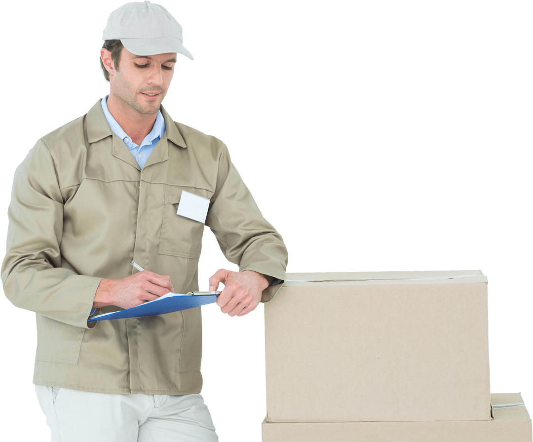 Transparent Delivery Worker with Clipboard and Cardboard Boxes