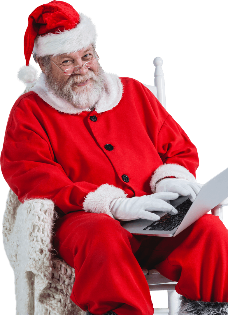 Transparent Santa Claus Typing on Laptop While Sitting Playfully