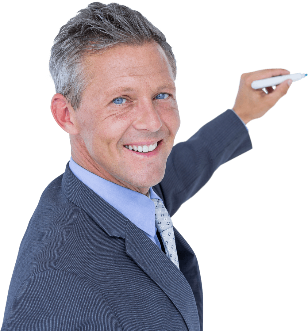 Happy Businessman Writing on Transparent Background with Marker