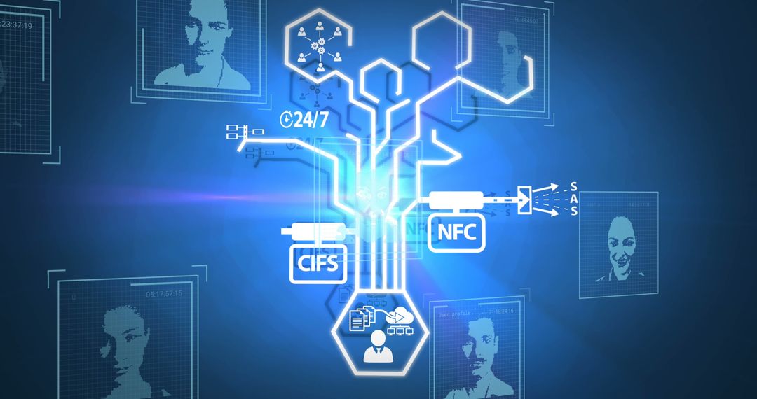 Futuristic Digital Interface with Technology Icons and Profiles