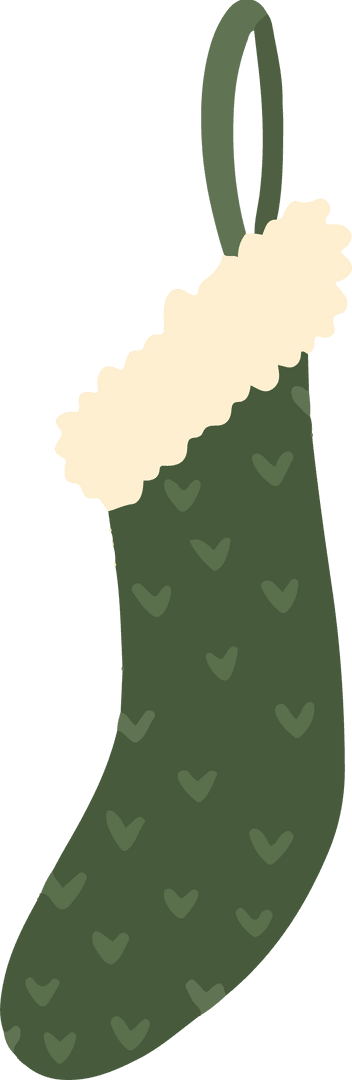 Flat Style Green Holiday Stocking with Heart Pattern and Fur Cuff Transparent Background