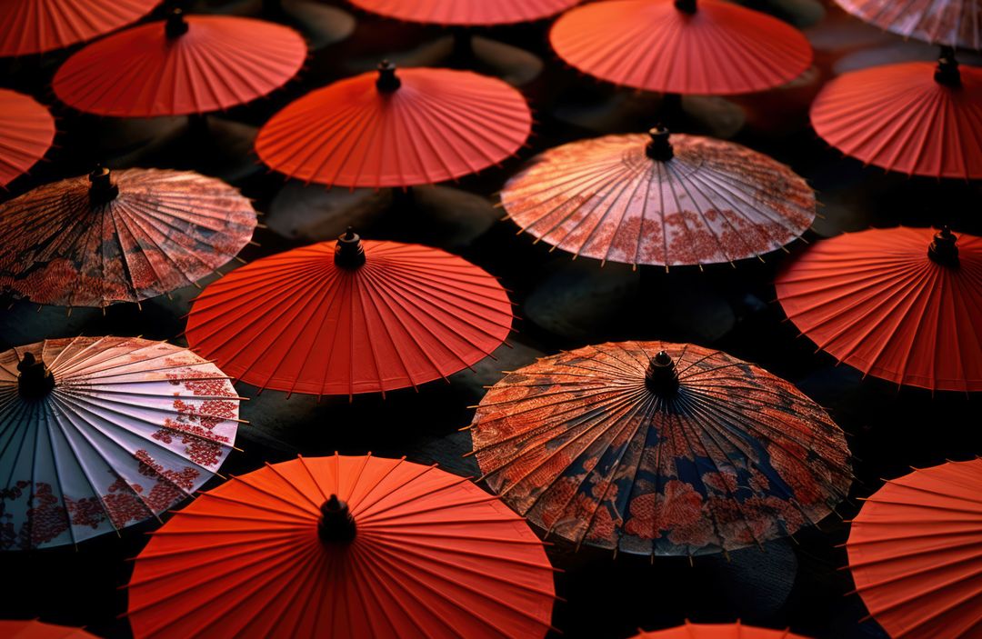 Red and patterned chinese umbrellas on dark background, created using generative ai technology - Free Images, Stock Photos and Pictures on Pikwizard.com