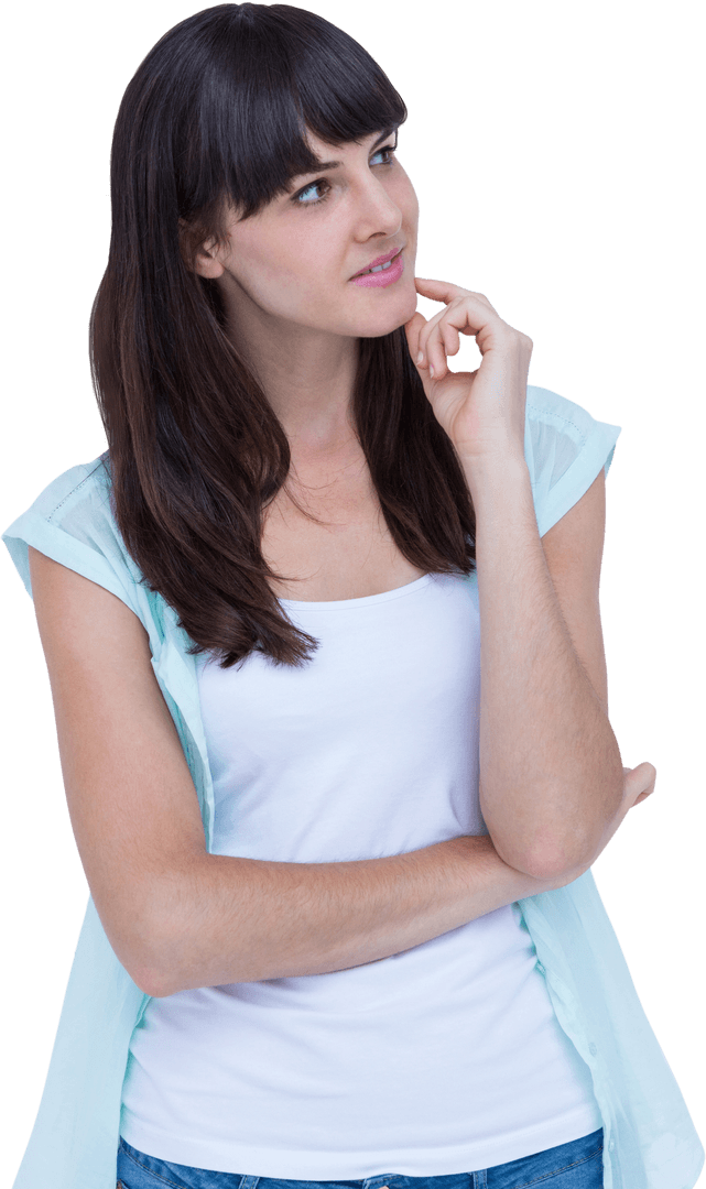Thoughtful Woman with Hand on Chin in Transparent Background