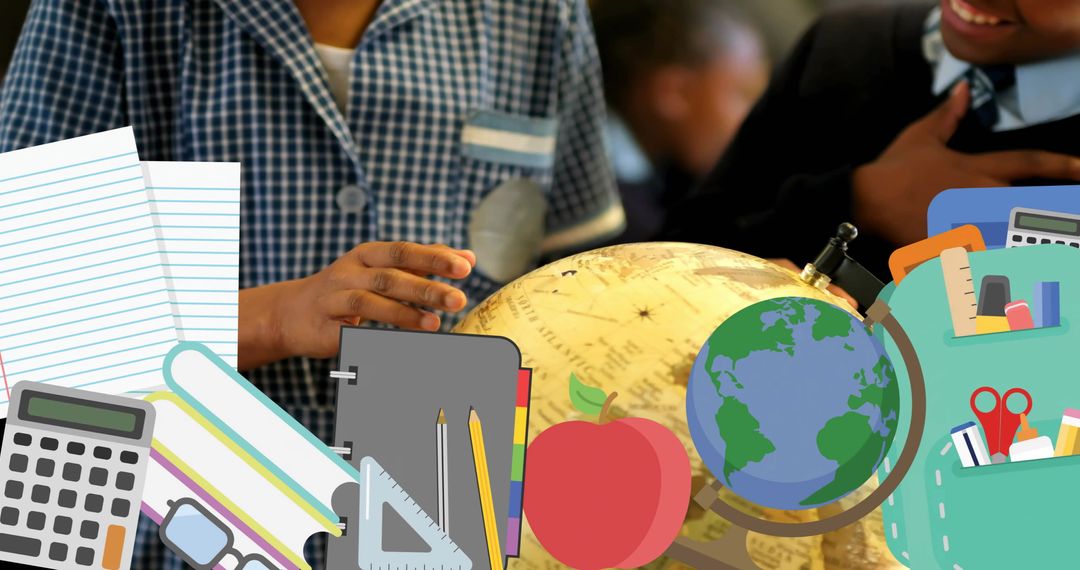 Engaged African American Students Exploring Globe in Classroom