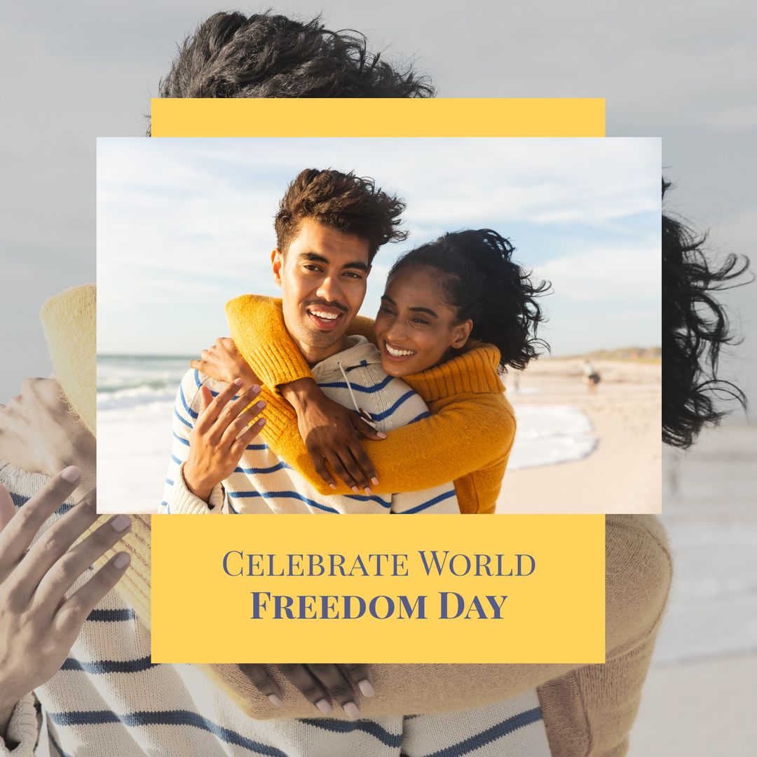 Joyful Multiracial Couple at Beach Celebrating World Freedom Day