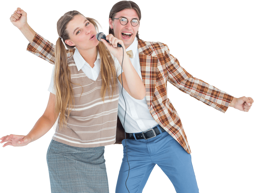 Transparent Happy Nerdy Couple Singing Joyfully with Microphone