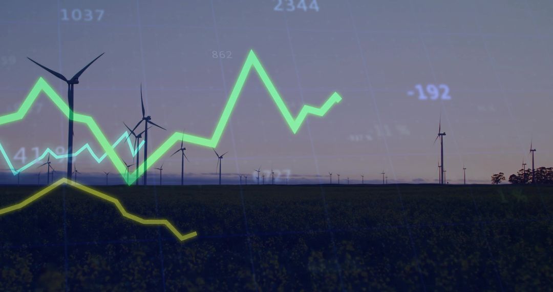 Inspiring Data Visualization Overlay on Wind Farm at Dusk