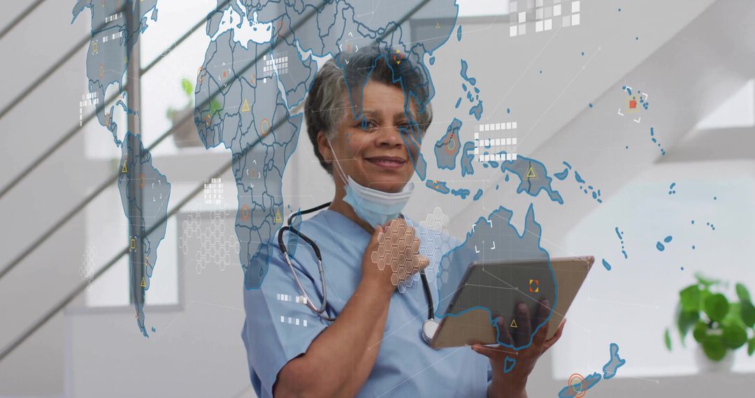 Confident Nurse With World Map Overlay Holding Tablet