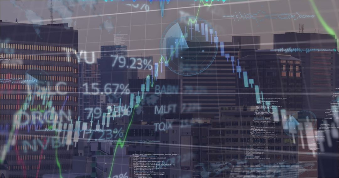 Urban Skyline with Finance Chart Overlay