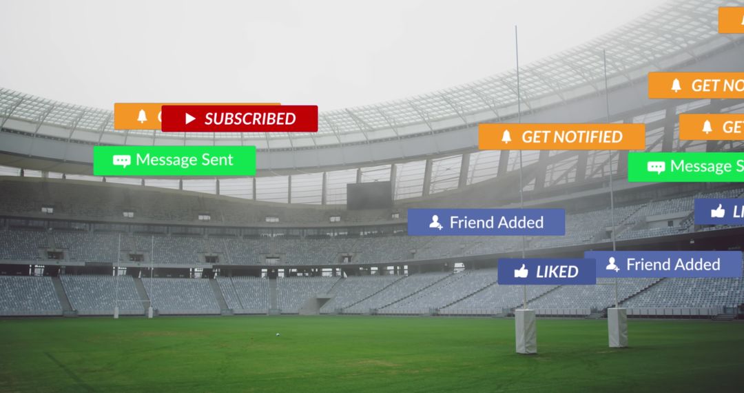 Digital Social Media Icons Floating in Empty Rugby Stadium