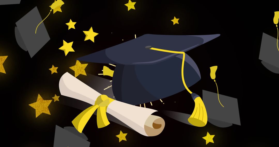 Artistic Graduation Cap with Diploma Surrounded by Floating Hats