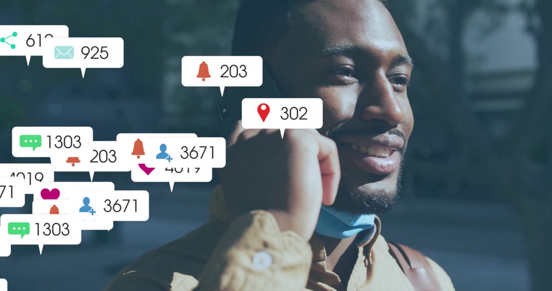 Smiling African American Man with Social Media Notifications Overlay