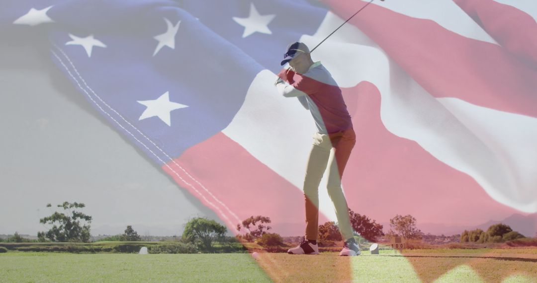 Golfer Swinging with American Flag Overlay on Green Course
