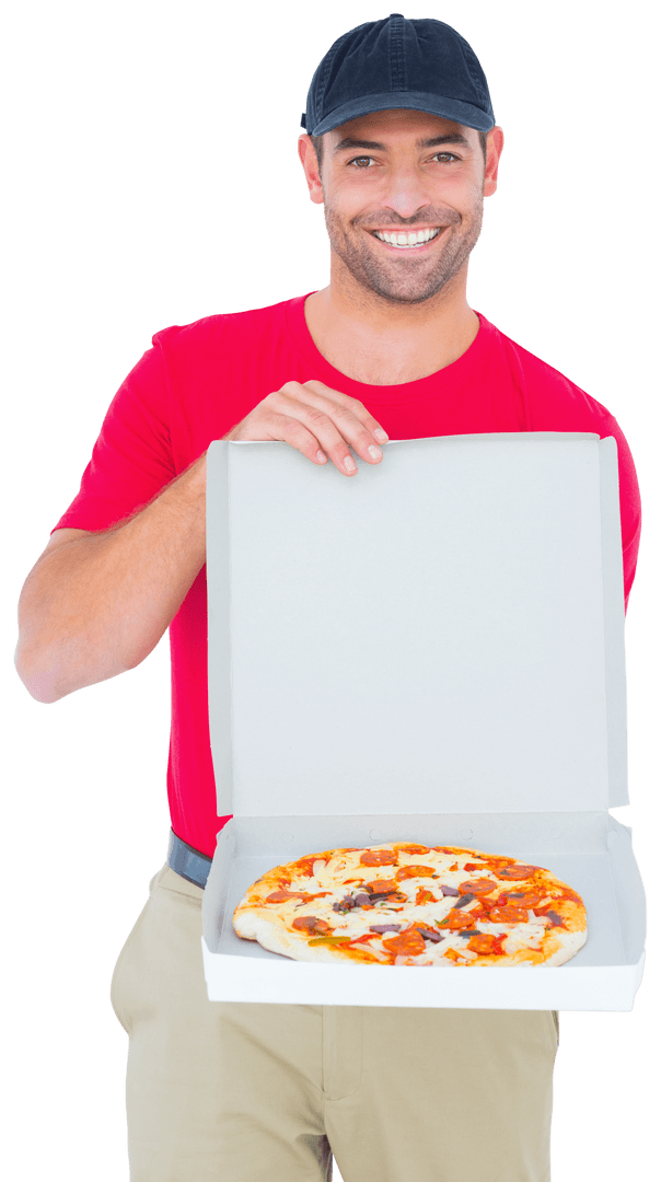 Happy Delivery Man Holding Transparent Pizza Box, Ready Meal Concept